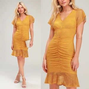 Lulus Harlou Mustard Yellow Lace Ruched Mini Dress
